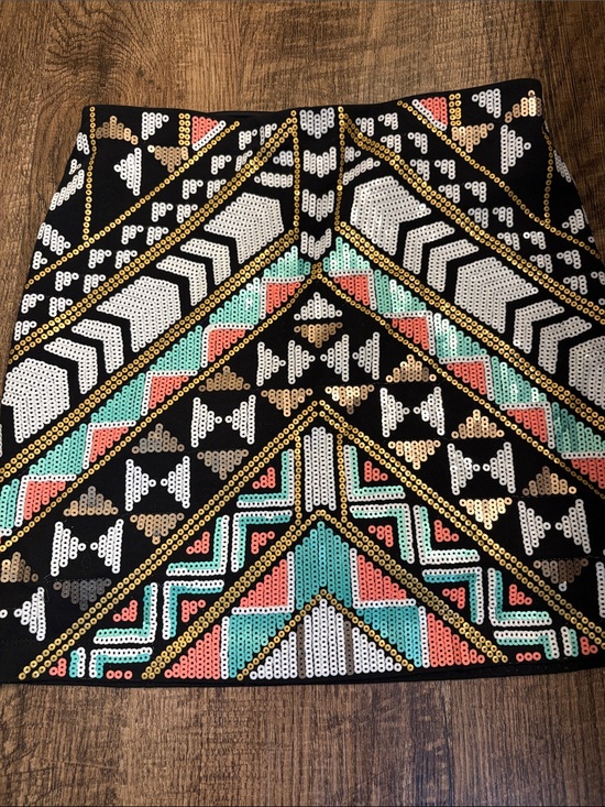 Express Dresses & Skirts - Express Black Mini Skirt with Multicolor Aztec Tribal Sequin Pattern